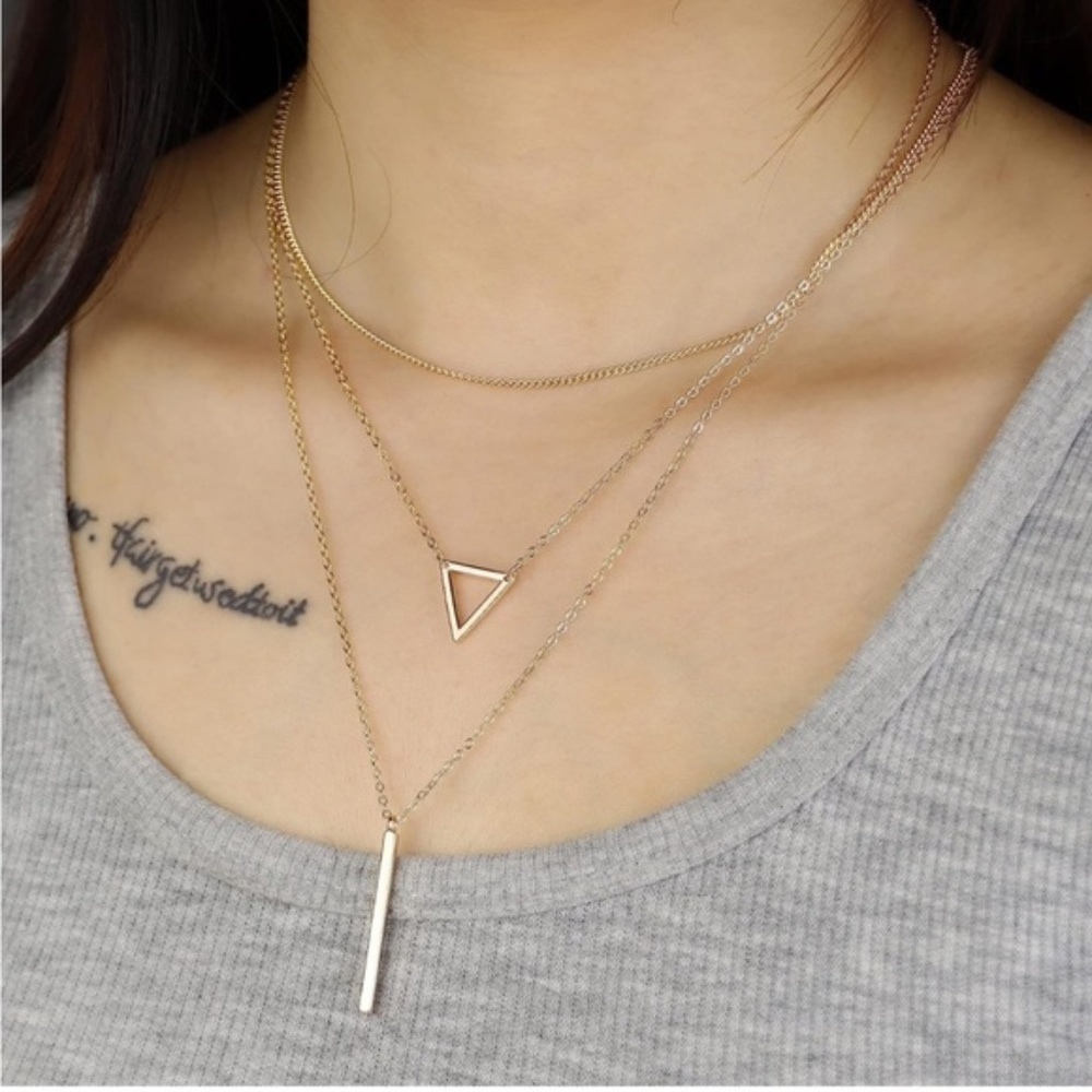 GOLD 14k Gold Plated 3pc Bar & Triangle Necklace Set